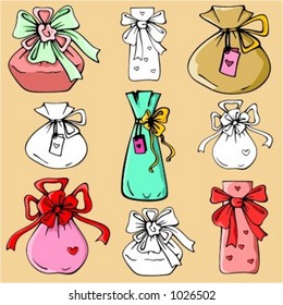 Ready-to-cut vector illustrations of wrapped gift bags with ribbons in color, and black and white renderings.