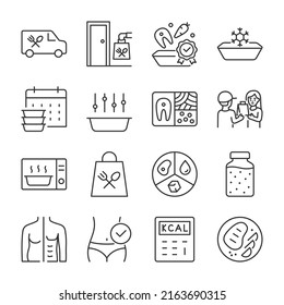 Ready-to-eat Meal Delivery For The Day Icons Set. Daily Food Ration. Prepared Meals, Linear Icon Collection. Food In A Container, Healthy Eating, Fitness Diet. Line With Editable Stroke