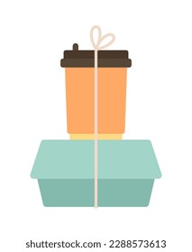 Ready-to-heat prepared meal with coffee cup semi flat colour vector object. Food delivery. Editable cartoon style icon on white. Simple spot illustration for web graphic design and animation