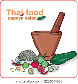 Ready-to-paint paintings of Thai food, papaya salad, containing ingredients for this type of cooking with mortar.