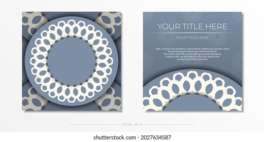 Ready-to-print blue color postcard design with luxurious ornaments. Invitation card template with vintage patterns.