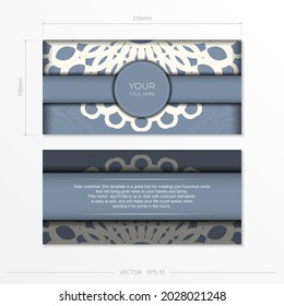 Diseño de postales en color azul, listo para imprimir, con patrones lujosos. Plantilla de tarjeta de invitación vectorial con ornamento vintage.