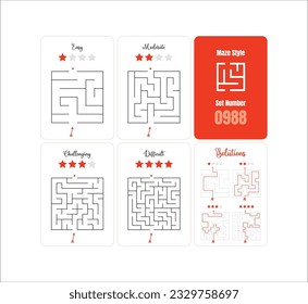 Ready-to-Print Collection of 4 Kids' Labyrinth Games: Diverse Maze Challenges from Simple to Complex with Solutions - Vector Set 0998