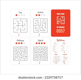 Ready-to-Print Collection of 4 Kids' Labyrinth Games: Diverse Maze Challenges from Simple to Complex with Solutions - Vector Set 0957