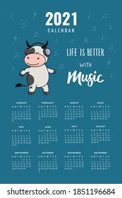 Ready-to-print vertical wall calendar for 2021 with a cute bull, cow or ox, the symbol of 2021 according to the Chinese calendar. The week starts on Sunday. Printable stock calendar template