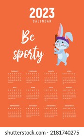 Ready-to-print vertical wall calendar for 2023 with a cute Rabbit, bunny or hare, the symbol of 2023 according to the Lunar calendar. The week starts on Sunday. Printable stock calendar template