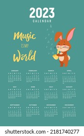 Ready-to-print vertical wall calendar for 2023 with a cute Rabbit, bunny or hare, the symbol of 2023 according to the Lunar calendar. The week starts on Sunday. Printable stock calendar template