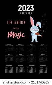 Ready-to-print vertical wall calendar for 2023 with a cute Rabbit, bunny or hare, the symbol of 2023 according to the Lunar calendar. The week starts on Sunday. Printable stock calendar template