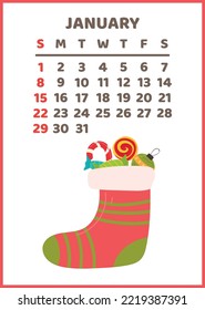 Ready-to-print vertical wall calendar for 2023 calendar template, christmas sock with gifts.