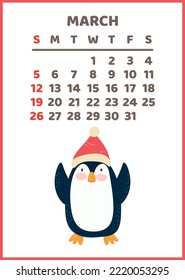 Ready-to-print vertical wall calendar for 2023 , the symbol of 2023 according. Penguin.