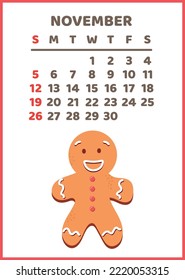 Calendario vertical de pared listo para imprimir para 2023, hombre de pan de jengibre.