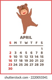 Ready-to-print vertical wall calendar for 2023 , the symbol of 2023 according to the Lunar calendar. The week starts on Sunday. Printable stock calendar template, A child, a boy in a bear costume.