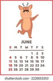 Calendario vertical de pared listo para imprimir para 2023 , el símbolo de 2023 según el calendario lunar. La semana empieza el domingo. Plantilla de calendario de stock impresable, Un niño, un chico con traje de ciervo.