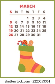 Calendario vertical de pared listo para imprimir para la plantilla de calendario 2023, calcetín de navidad con regalos.