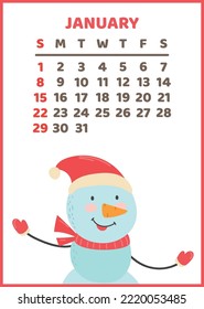 Ready-to-print vertical wall calendar for 2023. Printable stock calendar template. snowman character.