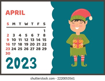 Ready-to-print vertical wall calendar for 2023 , the symbol of 2023 according to the Lunar calendar. The week starts on Sunday. Printable stock calendar template, green elf with a gift.