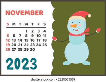 Calendario de pared vertical listo para imprimir para 2023. Plantilla de calendario de stock imprimible. personaje snowman.