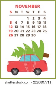 Ready-to-print vertical wall calendar for 2023 , the symbol of 2023 according to the Lunar calendar. Tweek starts on Sunday. Printable stock calendar template, red car with a Christmas tree
