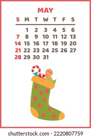 Calendario vertical de pared listo para imprimir para la plantilla de calendario 2023, calcetín de navidad con regalos.
