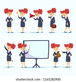 Ready-to-use cartoon character set. Young business woman in formal wear. Different poses and emotions.