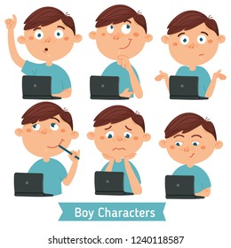 Ready-to-use character set about home schooling and education. Young school boy with laptop. Various poses and emotions, white background