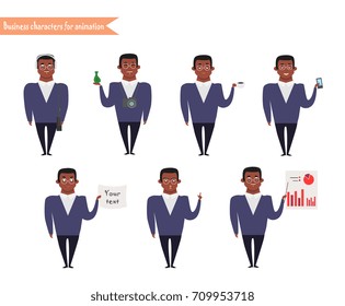 Ready-to-use character set. Afro-American Young man, casual, skinny jeans, messenger bag, Various poses and emotions. Full length, front, isolated, white background