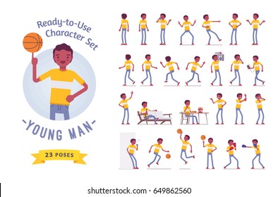 Ready-to-use character set. Black, african american young man wearing t-shirt. Various poses and emotions, running, standing, walking, eating. Full length, front, rear view, isolated, white background