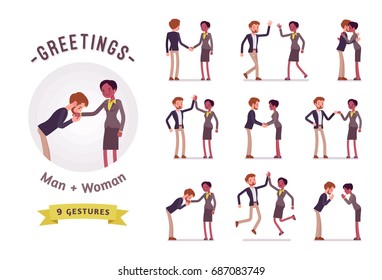 Ready-to-use character set. Businessman and businesswoman greeting. Various poses, emotions, standing, fist bump, giving high five, a bow, hug. Full length, front, rear view isolated, white background