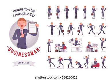 Ready-to-use character set. Businessman in formal wear. Different poses and emotions, running, standing, sitting, walking, happy, angry. Full length, front, rear view isolated against white background