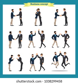 Ready-to-use character set. Businessmen in handshake. Various poses, emotions, greeting, standing, fist bump, giving high five, a bow, a hug. Full length, front, rear view isolated, white background