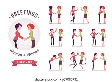 Ready-to-use character set. Businesswomen in handshake. Various poses, emotions, greeting, standing, fist bump, giving high five, a bow, a hug. Full length, front, rear view isolated, white background