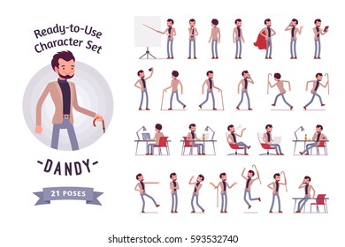 Conjunto de caracteres pronto a usar. Dandy em uma roupa casual inteligente. Diferentes poses e emoções, correndo, de pé, sentado, andando, feliz, irritado. Comprimento total, frontal, visão traseira isolada, fundo branco