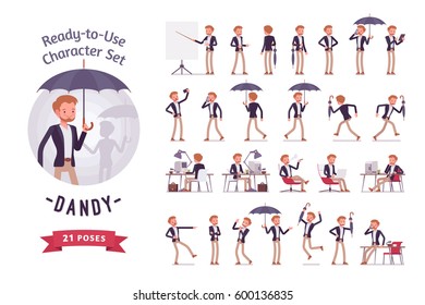 Ready-to-use character set. Dandy wearing smart casual wear. Different poses and emotions, running, standing, sitting, walking, happy, angry. Full length, front, rear view isolated, white background