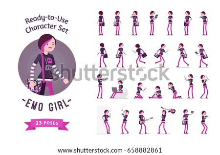 Ready-to-use character set. Emo girl, true subculture look, black t-shirt. Various poses and emotions, running, standing, walking, working. Full length, front, rear view isolated, white background