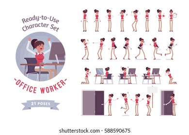 Ready-to-use character set. Female office worker in formal wear. Different poses and emotions, running, standing, sitting, walking, happy, angry. Full length, front, rear, isolated, white background