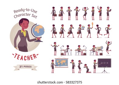 Ready-to-use character set. Female young teacher in formal wear. Different poses and emotions, running, standing, sitting, walking, happy, angry. Full length, front, rear view against white background