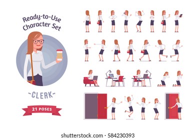 Ready-to-use character set. Female young clerk in formal wear. Different poses and emotions, running, standing, sitting, walking, happy, angry. Full length, front, rear view against white background