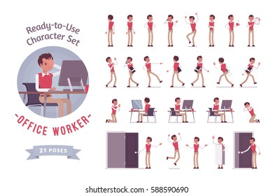 Ready-to-use character set. Male office worker in formal wear. Different poses and emotions, running, standing, sitting, walking, happy, angry. Full length, front, rear view isolated, white background