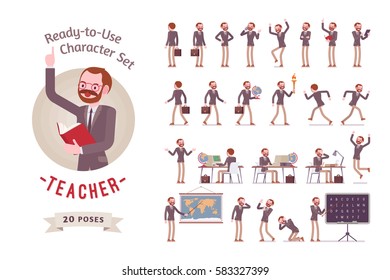 Ready-to-use character set. Male teacher in formal wear. Different poses and emotions, running, standing, sitting, walking, happy, angry. Full length, front, rear view against white background