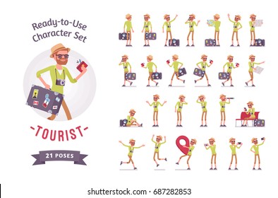 Ready-to-use character set. Tourist man with luggage. Various poses, emotions, running, standing, walking, waiting, map reading. Full length, front, rear view isolated, white background