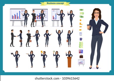 Ready-to-use character set. Young business woman in formal wear. Different poses and emotions, running, standing, sitting, walking, happy, angry. Full length, front, rear view against white background