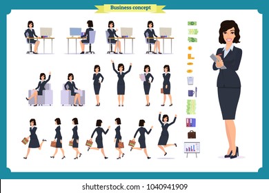 Ready-to-use character set. Young business woman in formal wear. Different poses and emotions, running, standing, sitting, walking, happy, angry. Full length, front, rear view against white background