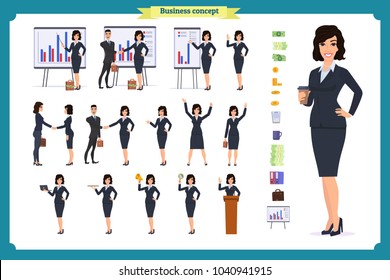 Ready-to-use character set. Young business woman in formal wear. Different poses and emotions, running, standing, sitting, walking, happy, angry. Full length, front, rear view against white background