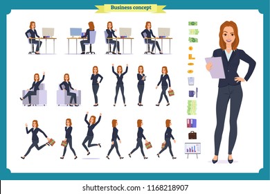 Ready-to-use character set. Young business woman in formal wear. Different poses and emotions, running, standing, sitting, walking, happy, angry. Full length, front, rear view against white background