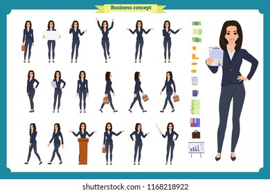 Ready-to-use character set. Young business woman in formal wear. Different poses and emotions, running, standing, sitting, walking, happy, angry. Full length, front, rear view against white background