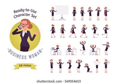 Ready-to-use character set. Young business woman in formal wear. Different poses and emotions, running, standing, sitting, walking, happy, angry. Full length, front, rear view against white background