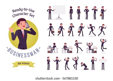 Ready-to-use character set. Young businessman in formal wear. Different poses and emotions, running, standing, sitting, walking, happy, angry. Full length, front, rear view against white background