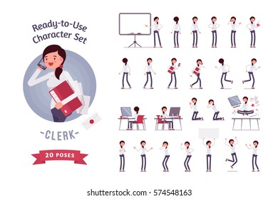 Ready-to-use character set. Young female clerk in formal wear. Different poses and emotions, running, standing, sitting, walking, happy, angry. Full length, front, rear view against white background