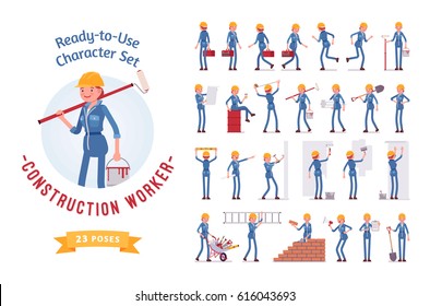 Ready-to-use character set. Young female worker in overall, Various poses and emotions, running, standing, walking, working. Full length, front, rear view isolated, white background