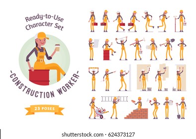 Ready-to-use character set. Young female worker in overall, Various poses and emotions, running, standing, walking, working. Full length, front, rear view isolated, white background